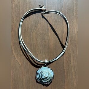 Black & Silver Cord Necklace w/ Mother of Pearl Rose Pendant